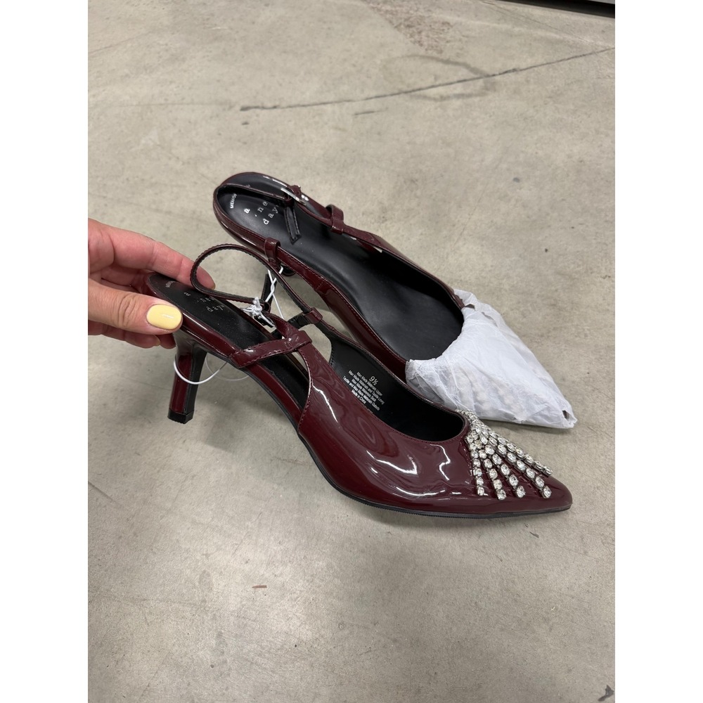A New Day Burgundy Patent Rhinestone Fringe Pointed Toe Slingback Heels 9.5